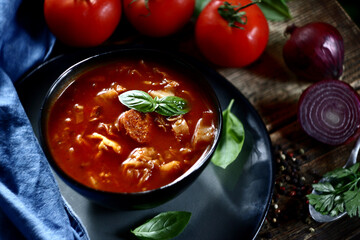 Tomato cabbage soup. Selective focus