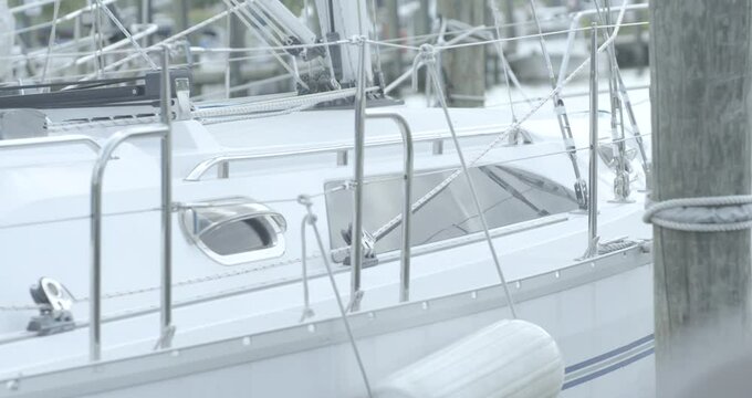 White fiberglass sailboat luxury yacht owned by wealthy upper middle class executive docked at small slip at downtown luxury marina and community boat clubhouse for the rich