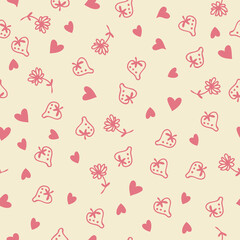 Doodle style strawberries, flowers and red hearts love seamless pattern. Perfect for scrapbooking, textile and prints. Hand drawn vector illustration for decor and design.
