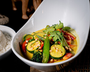 Delicious curry and rice served on a white plate
