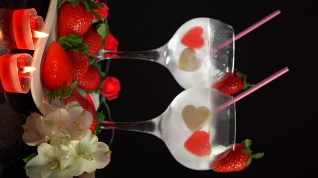 Cocktail glasses for couple with straw romantic Valentines Day 4k vertical video