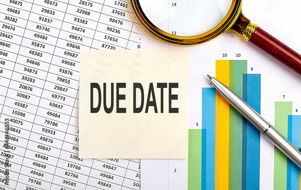 Poster business concept. top view of stiscker with text dur date on chart background