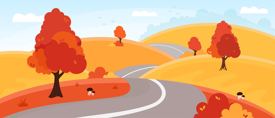 Fototapeta na wymiar Autumn landscape. Forest and fields. Country road through golden color hills. Fall season, countryside view. Flat style vector illustration. For banner, print, poster..