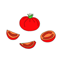 Bright vector illustration with tomato and tomato slices on a white background.