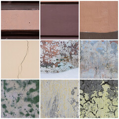 Wall texture set. Rough surfaces of the plastered and colored concrete walls with patterns of...