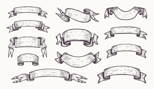 Banners ribbons in vintage engraving style. Sketch vector illustration