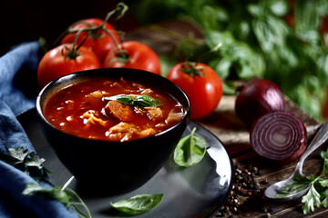 Tomato cabbage soup. Selective focus
