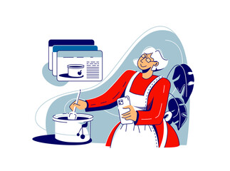 An elderly lady in the kitchen uses a smartphone to write or view recipes. Vector flat illustration isolated on white background.