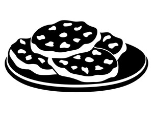 Cookies. Chocolate chip cookies on a plate - vector silhouette picture for logo or pictogram. Chocolate chip cookies on a saucer for identity. Sweet pastries for dessert icon or symbol.