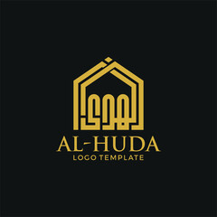 Calligraphy Logo of Al-Hidayah (Translation: Guide) design. Home Shape Kufi Style. Vector Illustration.