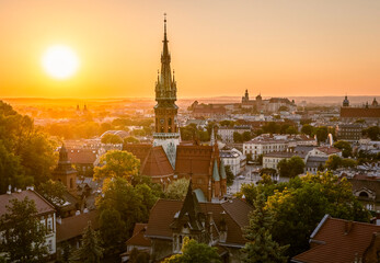 Sunset over Podgorze district in Krakow, Poland