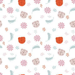 Seamless pattern of tiger muzzles, flowers and leaves in pastel color. Design for T-shirt, textile and prints. Hand drawn illustration for decor and design.
