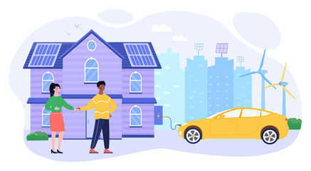 Electric car parking concept. The man parked the car next to the power source. Charging an electric car. Taking care of the environment. Cartoon flat vector illustration isolated on a white background