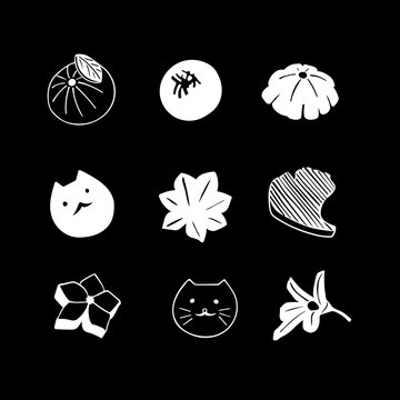Set of vector images of Japanese sweets mochi on a black background. Minimalism, hand drawing