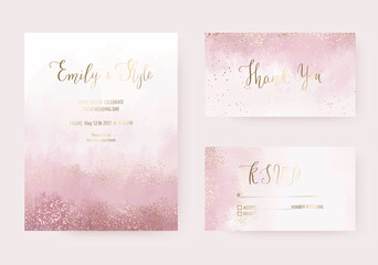 Wedding dusty rose watercolor invitation design, thank you and rsvp cards with gold border confetti texture.