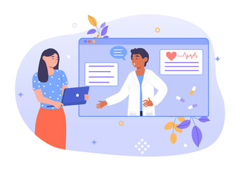 Online diagnosis concept. The girl is talking to the doctor via video link. Online consultation with a therapist. Modern health care. Cartoon flat vector illustration isolated on a white background