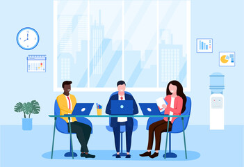 Office workers concept. Men and a woman are sitting at their laptops at their workplaces. Comfortable working conditions. Colleagues are discussing the project. Cartoon flat vector illustration