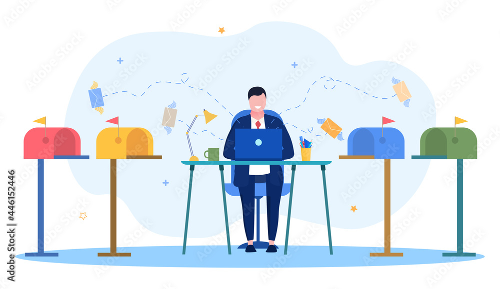 Poster mailing concept. a man in a suit is sitting at a laptop and sending emails to users emails. a metaph
