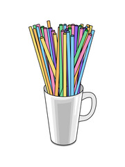 Multicolored drinking straws in a cup isolated on white background. Vector illustration for posters and print