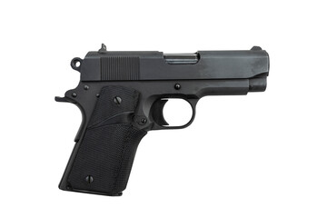 Black 45 caliber semi automatic hand gun isolated on white. 