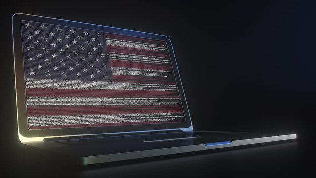 Open laptop and computer code on the screen composing flag of the USA. Modern information technology related 3d animation