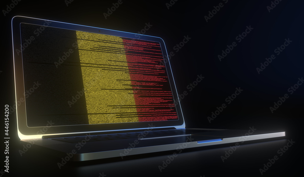 Aufkleber laptop and source code on the screen composing flag of belgium. national information technology rela