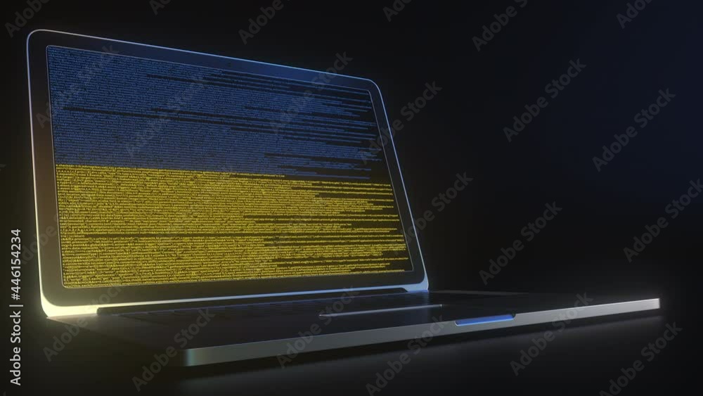 Poster laptop and source code on the screen composing flag of ukraine. national information technology rela