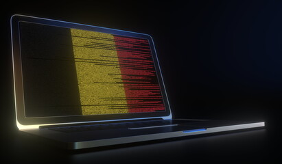 Laptop and source code on the screen composing flag of Belgium. National information technology related 3d rendering