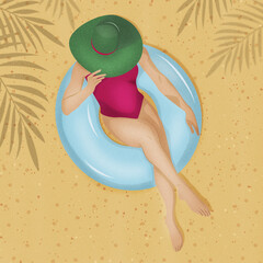 Letnie wakacje - kobieta opalająca się na plaży w różowym bikini i zielonym kapeluszu. relaks na plaży w cieniu liści palmowych. - obrazy, fototapety, plakaty