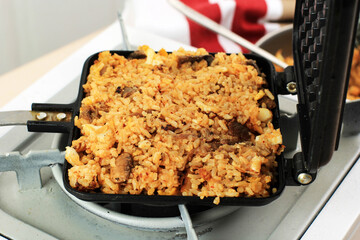 Cooking Process : Making Waffle Kimchi Fried Rice (Kimchi Bokkeumbap) or Nasi Goreng Waffle, Trendy Viral Rice Pressed Using Waflle Maker, Popular in South Korea