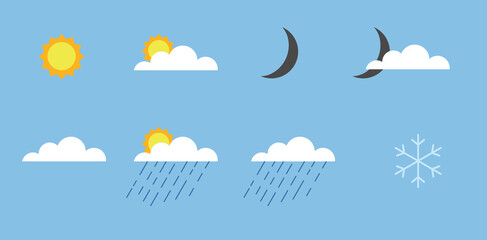 Vector illustration of weather symbol set: sunny, cloudy, rain, night, snow.