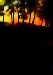 幻想的な暗闇に光る風景画の森の背景