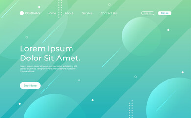 Geometric landing page with blue and green gradient background.