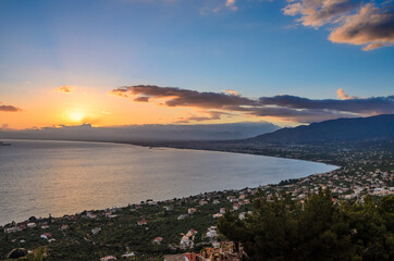 Aerial view of Kalamata city, Greece at sunset. Kalamata is one of the most beautiful cities in Greece and a popular tourist destination