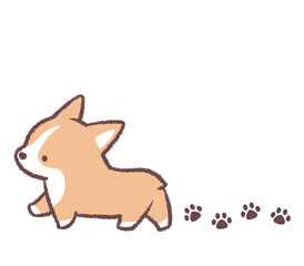 振り向くコーギーと足跡