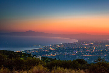 Aerial view of Kalamata city, Greece at sunset. Kalamata is one of the most beautiful cities in Greece and a popular tourist destination
