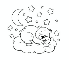 A sleeping bear cub. A bear cub in a vector. Stars and the moon. Suitable for coloring with a child or for printing postcards, etc.