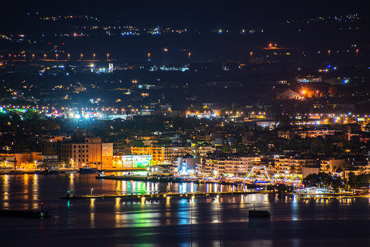 Aerial night view of Kalamata city, Greece. Kalamata is one of the most beautiful cities in Greece and a popular tourist destination