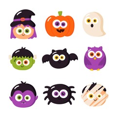 Cartoon halloween characters set isolated on white background. vector illustration.