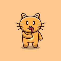 cartoon cat eating sausage, vector illustration