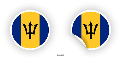 Barbados sticker flag icon set in circle flag with white border on white background. Barbados sticker circle flag icon with peel off on white background
