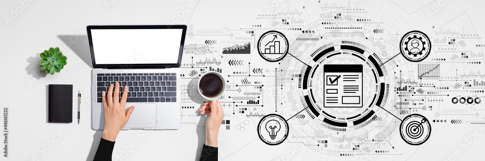Poster project management theme with person using laptop computer