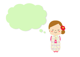 手を合わせてお願い事をする着物姿の女の子と雲形吹き出し