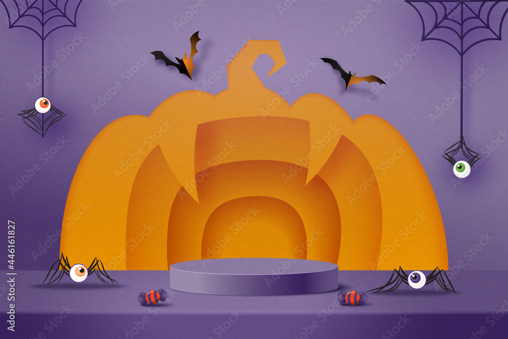 Aufkleber Halloween background design with purple podium product display.3d Paper art abstract minimal geometric shape template background.