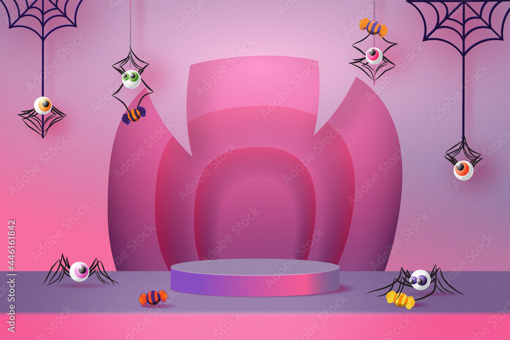 Aufkleber Halloween background design with purple podium product display. 3d Paper art abstract minimal geometric shape template background.Vector illustration.