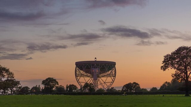 Jodrell Bank Radar Observatory Experimental Station Lovell Telescope Sunset Time Lapse 4K 4444 colourspace from a 6K source
