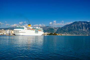 Modern Cruise ship anchored in the port of Kalamata city, Messenia, Greece