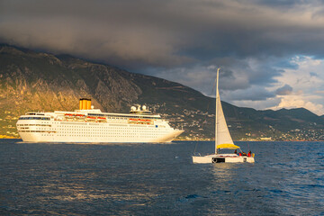 Modern Cruise ship leaving the port of Kalamata city, Messenia, Greece.