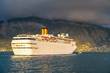 Modern Cruise ship leaving the port of Kalamata city, Messenia, Greece.