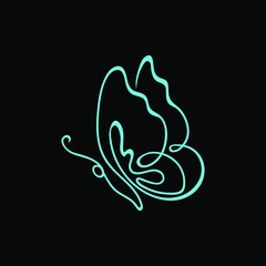 blue butterfly isolated on dark background, line art. continuous line drawing
